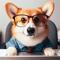 Cute corgi dog looking into computer laptop working in glasses and shirt Royalty Free Stock Photo