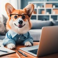 Cute corgi dog looking into computer laptop working in glasses and shirt Royalty Free Stock Photo
