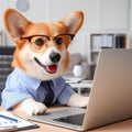 Cute corgi dog looking into computer laptop working in glasses and shirt Royalty Free Stock Photo