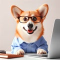 Cute corgi dog looking into computer laptop working in glasses and shirt Royalty Free Stock Photo