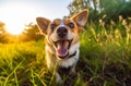 Cute Corgi in a green grassy meadow looking at the camera with its big round eyes. AI-generated.