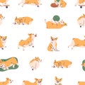 Cute corgi pattern. Seamless background with repeating funny dogs print. Endless repeatable backdrop, texture design