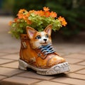 Cute Corgi Pet Planter Shoes - Handmade Glazed China Flowerpot