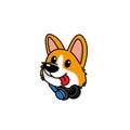 Cute corgi puppy with headphones on neck icon