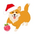 Cute corgi puppy in Santa Claus hat With Christmas tree toy and serpentine. Vector illustration. Royalty Free Stock Photo