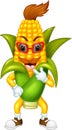 Cute corn cartoon standing using glasses with smile and pointing