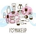 Cute cosmetics background on pink and blue