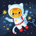 Cute cosmonaut cat in a spacesuit flies in outer space