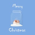 Cute, cosy little house, home with snowflakes in glass jar, text Merry Christmas. Greeting card, poster design Royalty Free Stock Photo