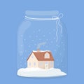 Cute, cosy little house, home with snowflakes in glass jar, text Merry Christmas. Greeting card, poster design Royalty Free Stock Photo