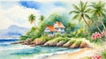 Cute cottage on a peaceful seashore surrounded by blooming flowers and palm tree, watercolor painting style. Royalty Free Stock Photo