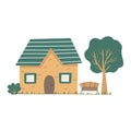 Cute country house with a bench. Vector cartoon