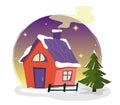 Cute country house with a Christmas tree, fence and stars on a white background. Flat style illustration. Perfect decor for Christ Royalty Free Stock Photo