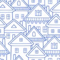 Cute country houses. Seamless vector border pattern.