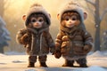 cute couple of animals are warmly dressed in winter, wrapped in cozy, natural fur or feathers. adorable huddle together