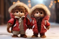 cute couple of animals are warmly dressed in winter, wrapped in cozy, natural fur or feathers. adorable huddle together