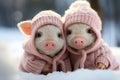 cute couple of animals are warmly dressed in winter, wrapped in cozy, natural fur or feathers. adorable huddle together