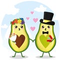 Cute couple avocado couple holding hands, Valentine's day greeting card. Avocado love with hearts vector illustration Royalty Free Stock Photo