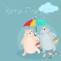 Cute couple bear under umbrella in the rain.