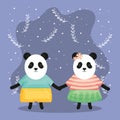 Cute couple bears panda with clothes characters