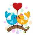 Cute Couple bird branches and red heart balloon