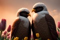 Cute couple of birds in love among tulips. AI generated illustration