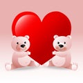 Cute couple brown teddy bear holding a red big heart.Valentine`s Day concept. flat vector illustration Royalty Free Stock Photo