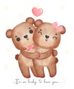 Cute couple brown teddy bears, boy and girl hug each other, Happy Valentine, adorable cartoon watercolor hand drawn vector Royalty Free Stock Photo