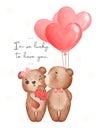 Cute couple brown teddy bears, boy kisses girl, Happy Valentine, adorable cartoon watercolor hand drawn vector illustration Royalty Free Stock Photo