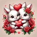 A cute couple of bunny rabbit, hugging a heart in cute expressions, surrounded by the red rose flower, love sign, cartoon