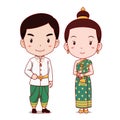 Cartoon boy and girl in Laos traditional costume.