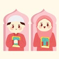 cute couple cartoon Muslim holding Al Quran illustration