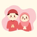 cute couple cartoon Muslim Saying happy holy month of ramadan illustration