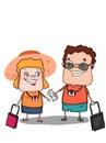 Cute couple characters going to travel and plane background and speech bubbles white background