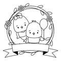 cute couple chicks animals wreath flowers