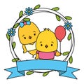 cute couple chicks animals wreath flowers