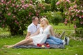 Cute couple drinking red wine on a picnic smiling at each other on a sunny day Royalty Free Stock Photo