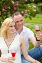 Cute couple drinking red wine on a picnic smiling at each other on a sunny day Royalty Free Stock Photo