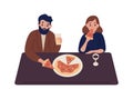 Cute couple eating tasty pizza together vector flat illustration. Colorful man and woman drink beer and wine at home or