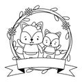 cute couple fox animals wreath flowers