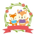 cute couple fox animals wreath flowers