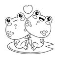 Cute couple frogs in love with heart. Funny outline animal kawaii character. Vector illustration. Line drawing, coloring