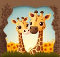 Cute couple giraffes cartoon with wildlife landscape Royalty Free Stock Photo