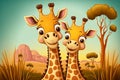 Cute couple giraffes cartoon with wildlife landscape. Beautiful sunset with mountains, trees, desert and grass