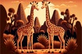 Cute couple giraffes cartoon with wildlife landscape Royalty Free Stock Photo