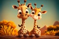 Cute couple giraffes cartoon with wildlife landscape