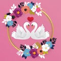 cute couple goose with pattern flower concept background vector illustration