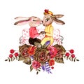 cute couple of hares in love and chocolate roses, watercolor style illustration, valentines clipart with cartoon