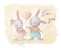 Cute couple of hares in love, watercolor style holiday card, valentines greetings with cartoon characters Royalty Free Stock Photo