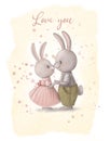 Cute couple of hares in love, watercolor style holiday card, valentines greetings with cartoon characters